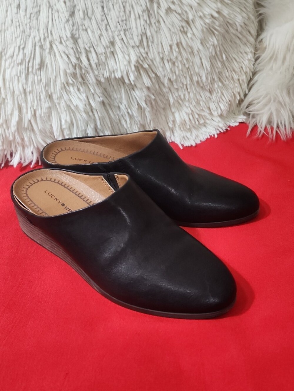 Lucky Brand Paloma Black Leather Slip-On Mules with Tan Insole